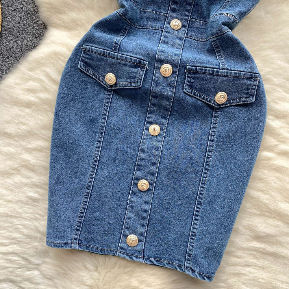 Denim buttocks skirt summer new sexy off shoulder slim fit short and niche design single breasted dress trend