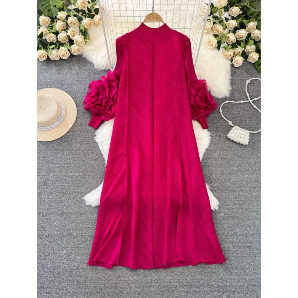 Luxury and socialite temperament three houses wrinkled lantern long sleeved stand up collar loose A-line solid color dress elegant long skirt