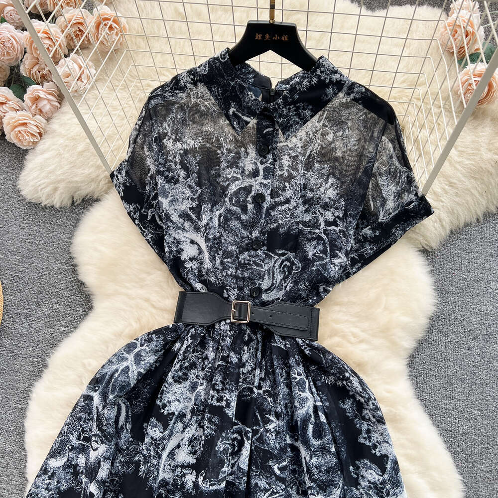 French printed shirt collar buckle slim fit long hem high-end and elegant dress for women 2024 new
