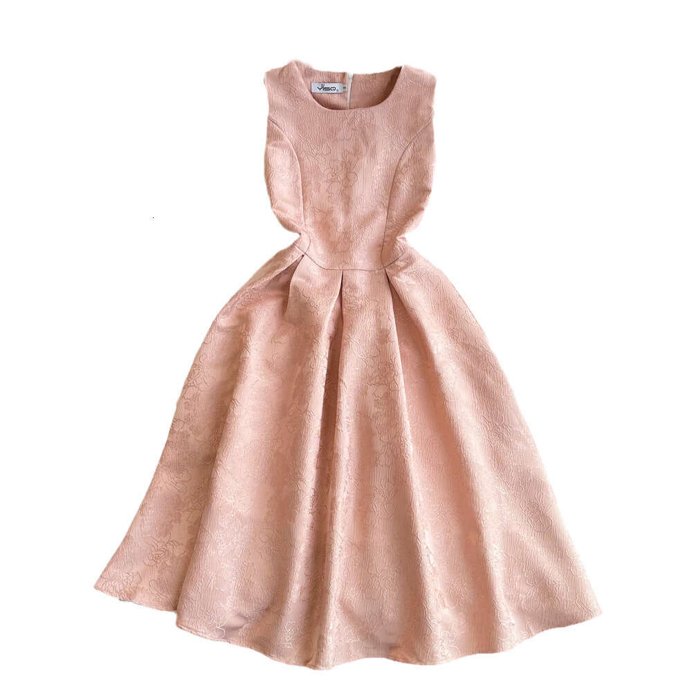High end light luxury socialite temperament sleeveless round neck waistband slimming effect medium length A-line jacquard vest dress for women