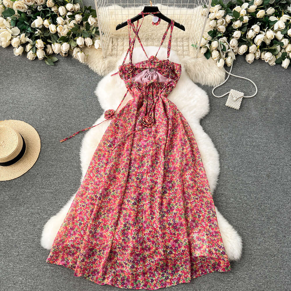 Tea break French style dress womens design sense three-dimensional flower hanging neck suspender skirt sexy strapless slim fit long floral skirt
