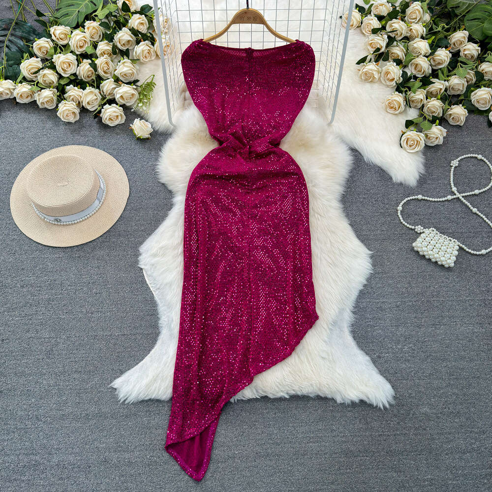 Feminine and socialite temperament sleeveless round neck waist length irregular sparkling sequin wrapped buttocks dress