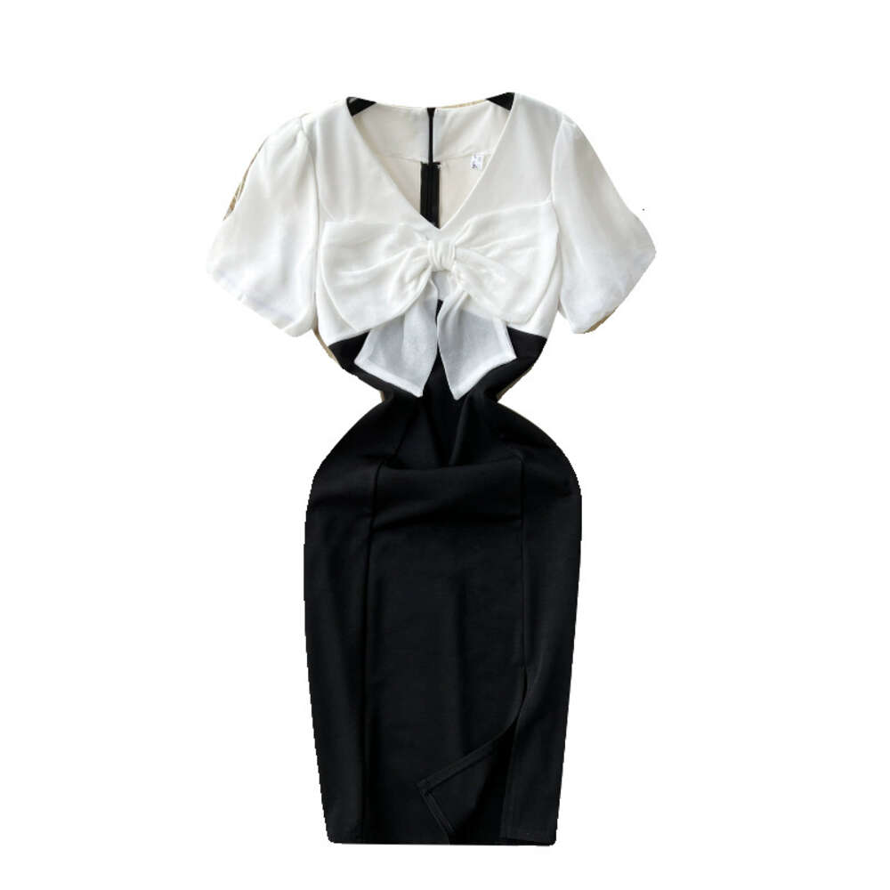 Hepburn style French elegant dress womens summer haute couture socialite temperament bow tie bubble sleeve slim fitting dress