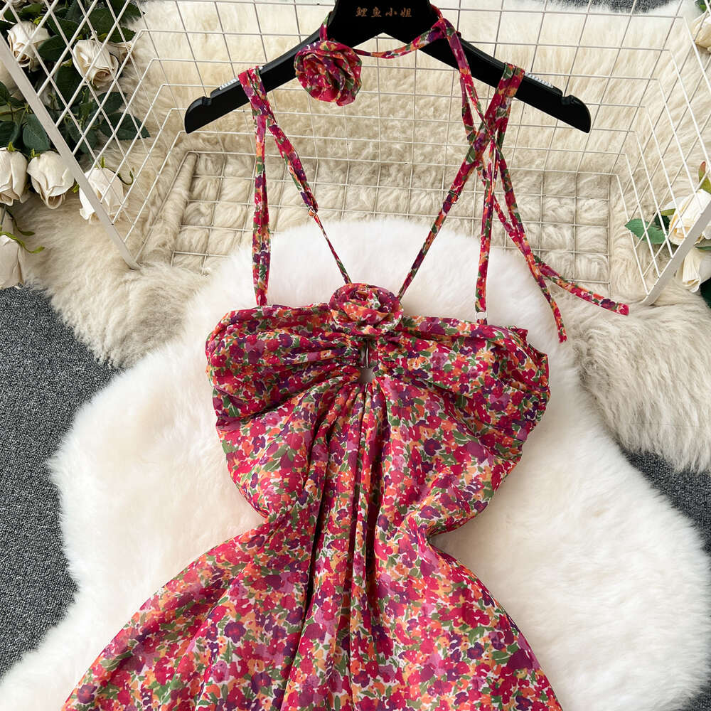 Tea break French style dress womens design sense three-dimensional flower hanging neck suspender skirt sexy strapless slim fit long floral skirt