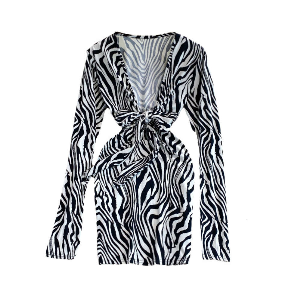 2021 autumn new style deep V-neck zebra long sleeve slim wrap hip dress womens tight bottomed skirt