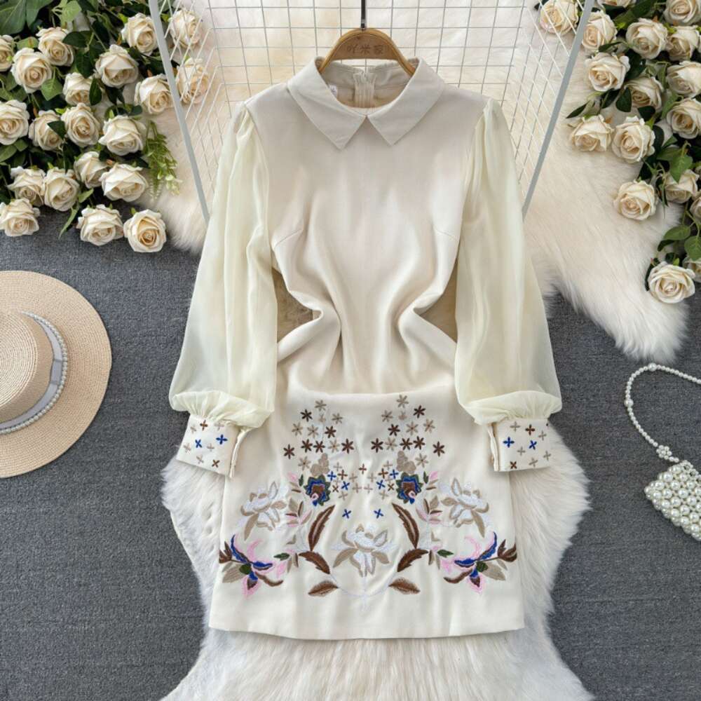 2024 Spring and Autumn Fashion Celebrity Style Long sleeved Polo Neck Waist Wrapped Slim A-line Positioning Printed Dress