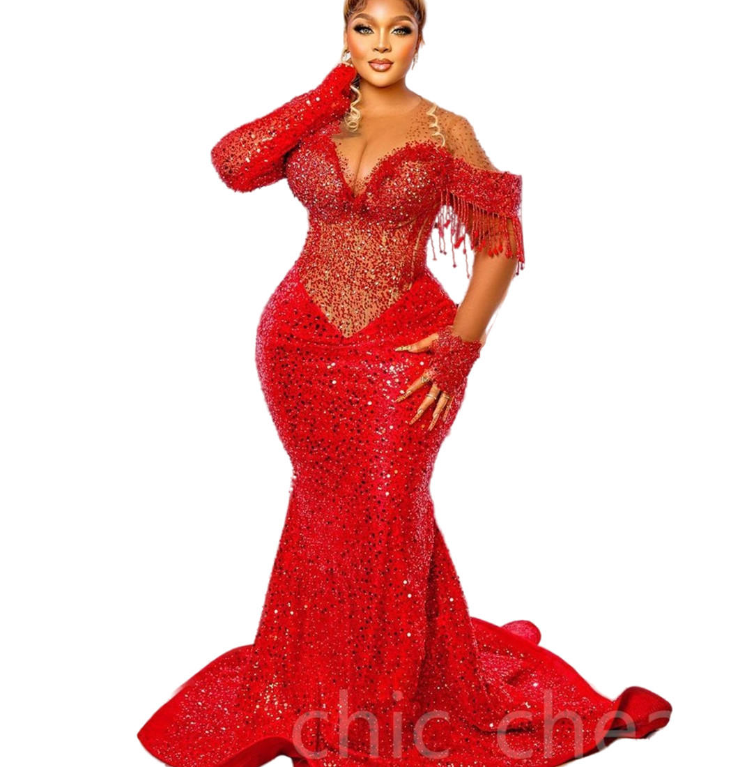 2024 Aso Ebi Special Link Mermaid Prom Dress Beaded Crystals Evening Formal Party Second Reception Birthday Engagement Gowns Dresses Robe De Soiree ZJ