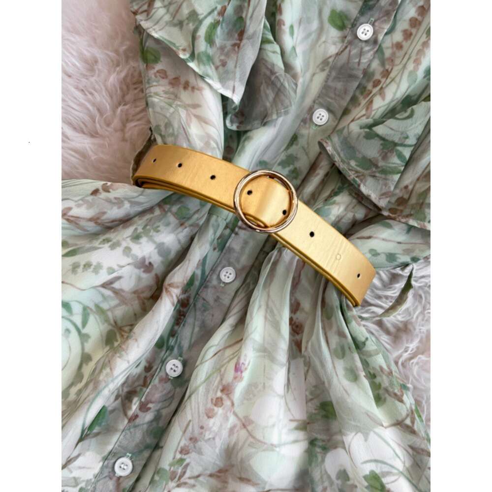 Summer New Round Neck Lotus Leaf Sleeves Single breasted Lace up Waist for Slimming French Elegance and Elegance Dress for Women