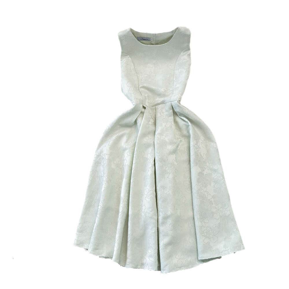 Summer Fashion Light Luxury Celebrity Elegance Sleeveless Round Neck Waist Slim Mid length A-line Jacquard Dress