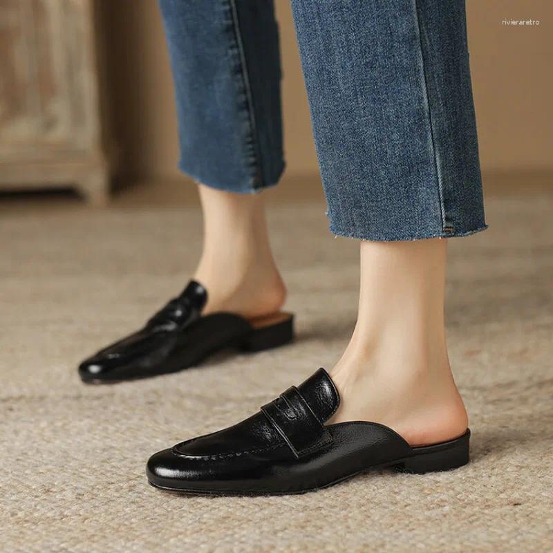 Slippers Ochanmeb Women Real Leather Mule Shoes Sier Gold Slip-on Penny Loafers Woman Genuine Flat Mules Spring Summer