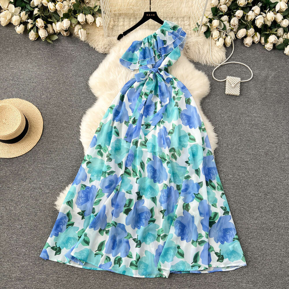 High end vacation dress for women with sexy slanted collar off shoulder ruffled edge slim fit long printed chiffon skirt