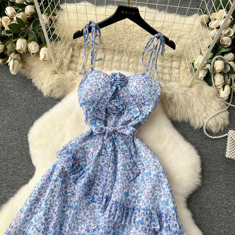 French floral holiday long dress niche three-dimensional floral slim fit sexy hollow out backless suspender dress