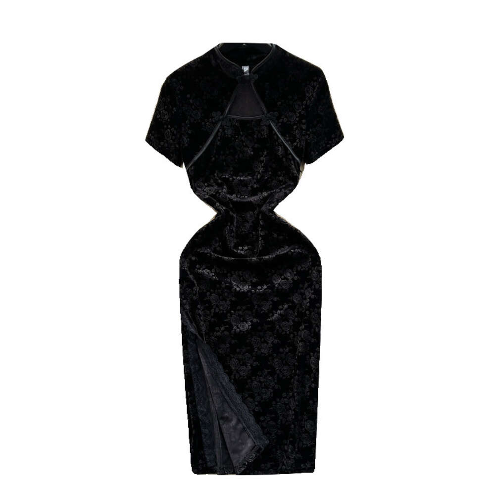 Young girls Chinese style improved cheongsam dress with standing collar and waist cinching slim fitting velvet printed dress