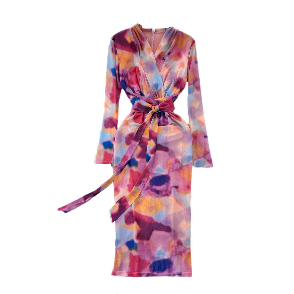 Feminine and socialite temperament long sleeved V-neck waist cinching slimming medium length buttocks wrapped mesh printed bottom dress spring