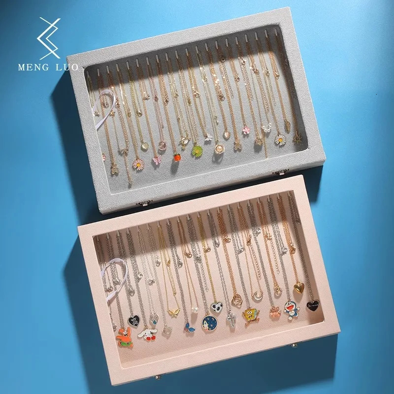 Ice Velvet 20 Hooks Jewelry Showcase for Necklaces Jewelry Box Stackable Glass Top Lockable 240528