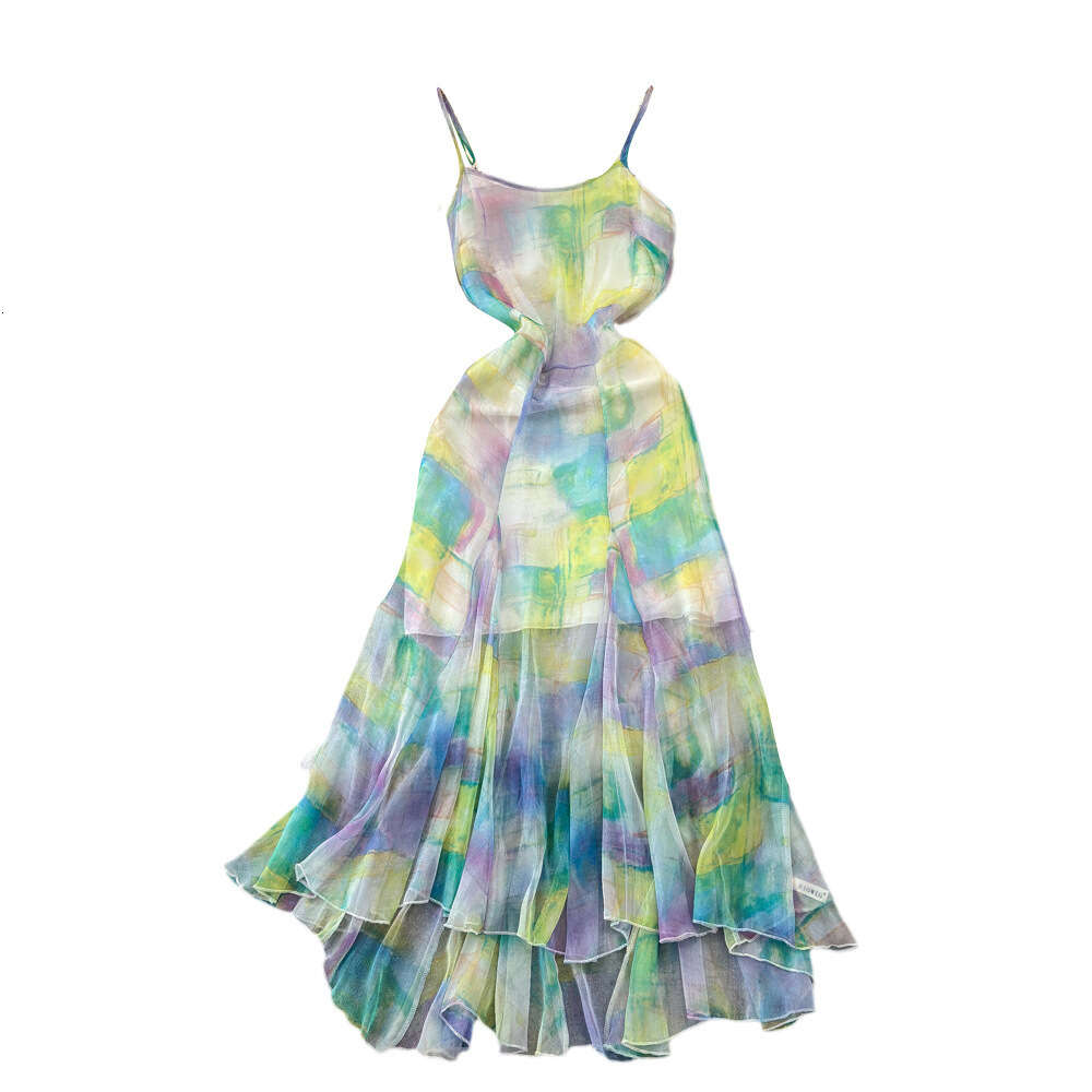 Gentle and sweet strapless waist cinching A-line halo dyed print fishtail strap dress for beach vacation beach dress