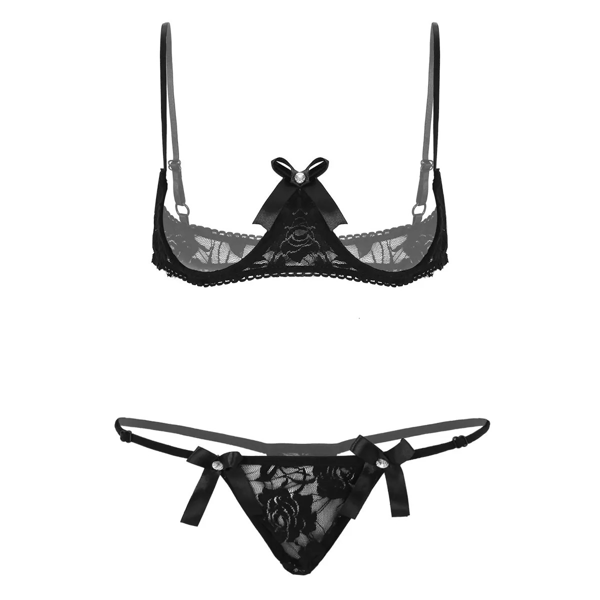 Women Open Cup Bra Top Sexy Cupless Exposed Breasts Underwired Bra with G-string See Through Sheer Lace Sexy Exotic Lingerie Set 240603