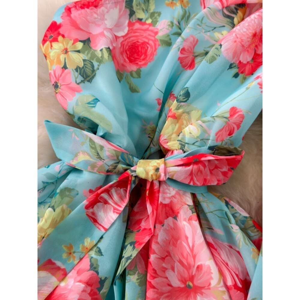 French court style dress summer dress womens design print button up slim fit long high-end dress holiday dress