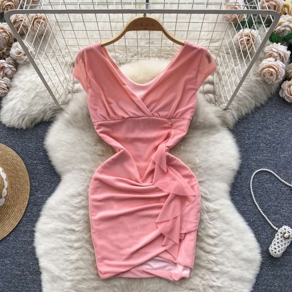 Nightclub Womens Sexy Wrapped Hip Skirt Design Feeling Ruffle Edge Slim Fit Short Heart Machine Fold Tight Mesh Dress