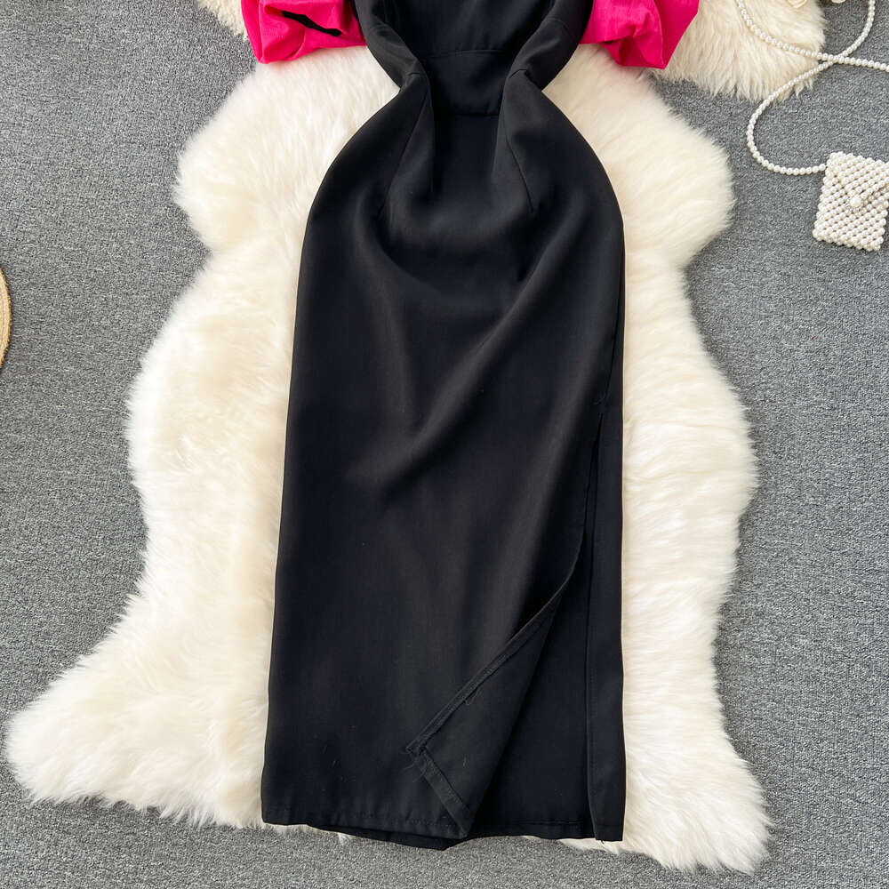 Light luxury and socialite style high-end dress for women with bubble sleeves square neck patchwork waist cinching design and a sense of niche slit lo