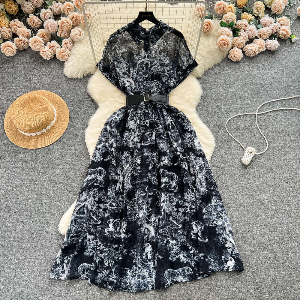 French printed shirt collar buckle slim fit long hem high-end and elegant dress for women 2024 new