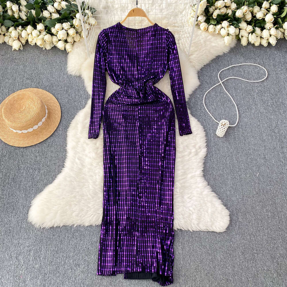 French Light Luxury Celebrity Style Luxury Dress Womens Autumn and Winter V-neck Split Design Small and Super Fairy Long Dress