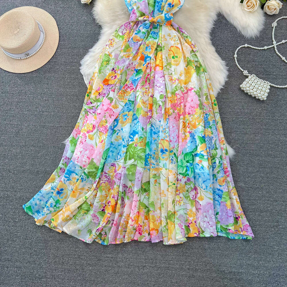 Fashionable bohemian beach skirt for seaside vacation hanging neck off shoulder waist slimming effect A-line printed large hem dress