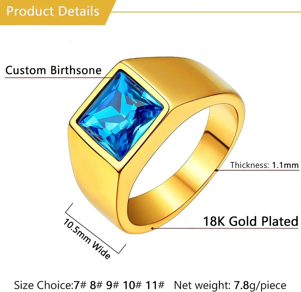 U7 Men Personalized Signet Rings Stainless Steel Ring with Rectangle Gemstone Birthstones Size 7-14 Gift for Him Dad Father 240530