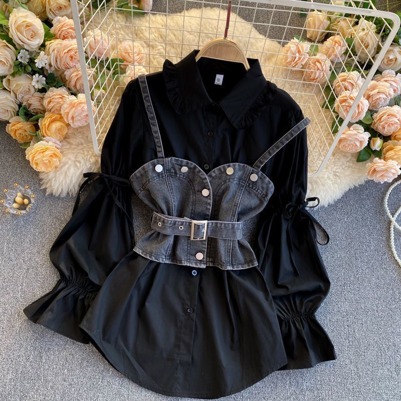 Neploe Korean Suit 2 Piece Set Loose Puff Sleeve White Blouse Tops Slim Waist Irregular Cowboy Vest Two Piece Outfits for Women 210422