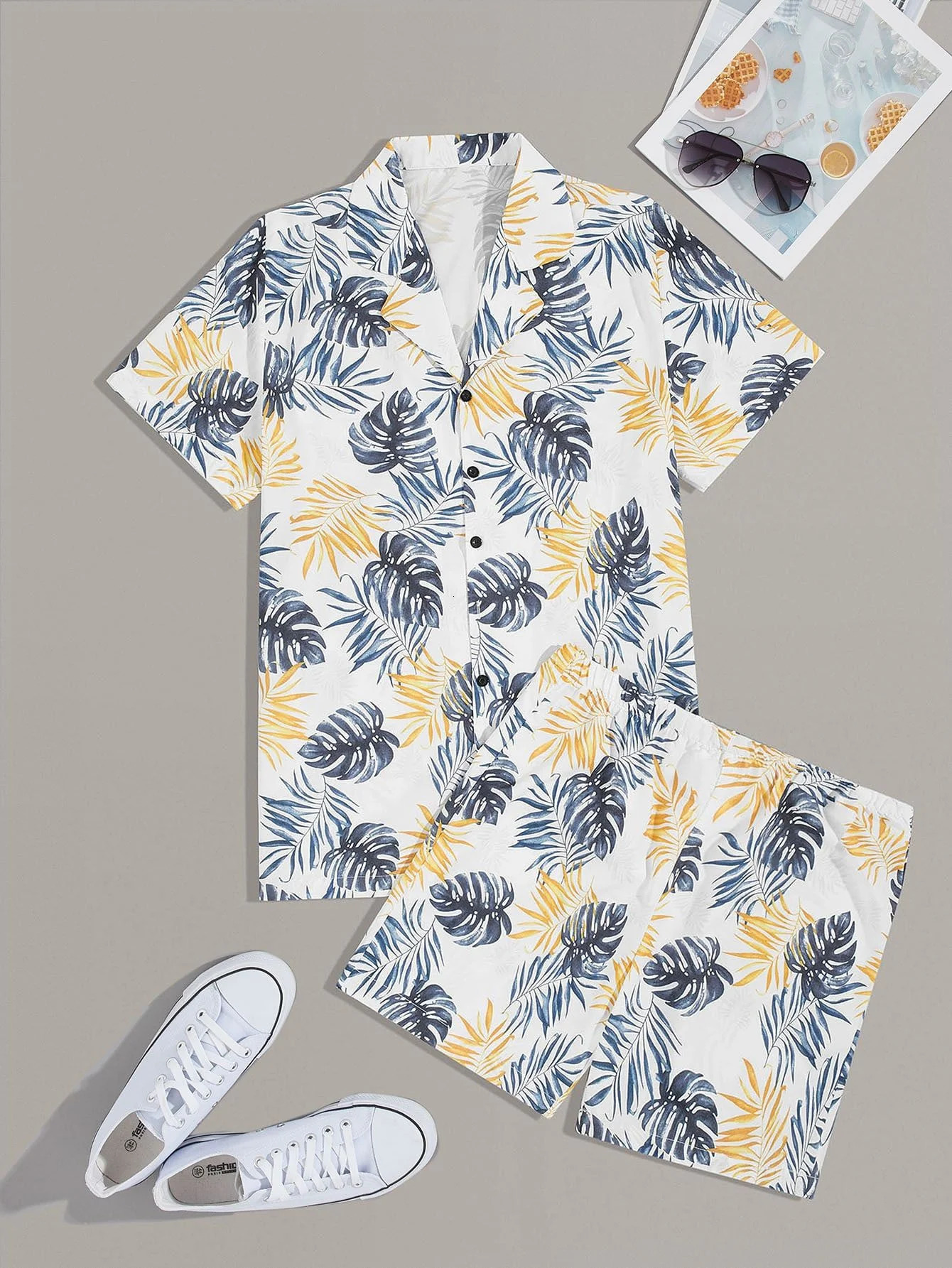 Mens and Womens Summer Short Sleeve Shirt Set Tropical Plant Flower Print Fashion Lapel Button Top Shorts 240523