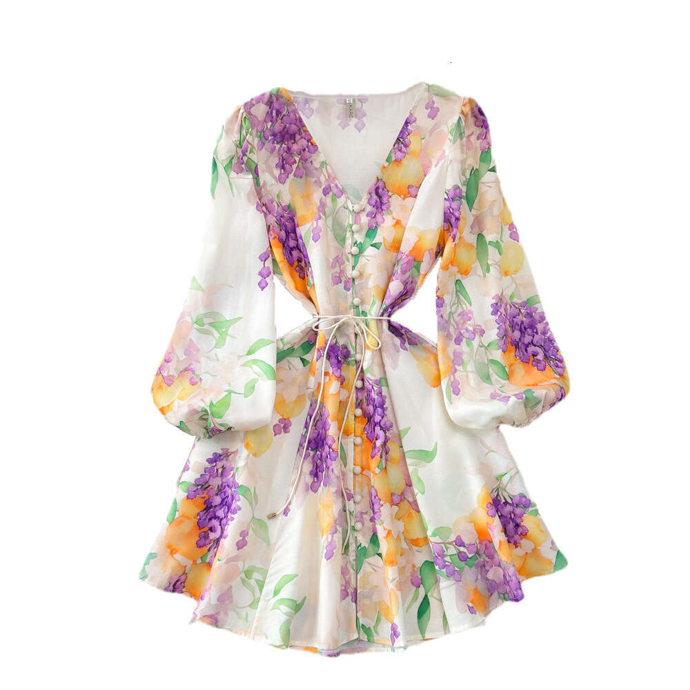 Spring and autumn design sense socialite temperament lantern long sleeved V-neck waistband slimming effect single breasted A-line printed dress for wo