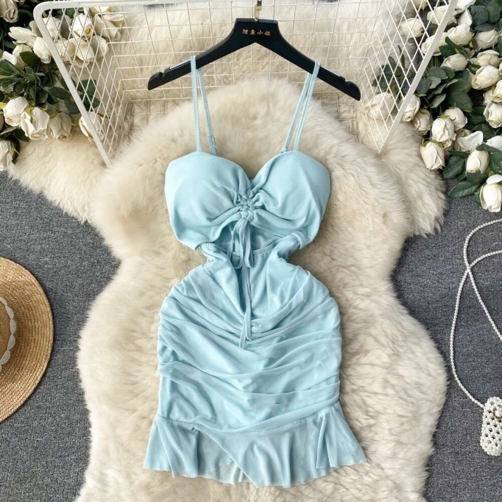 Sexy Hollow out Drawstring Lace Up Bra Strap Wrap Hip Dress Womens Pure Desire Spicy Girl Slim Fit Style French Short Dress