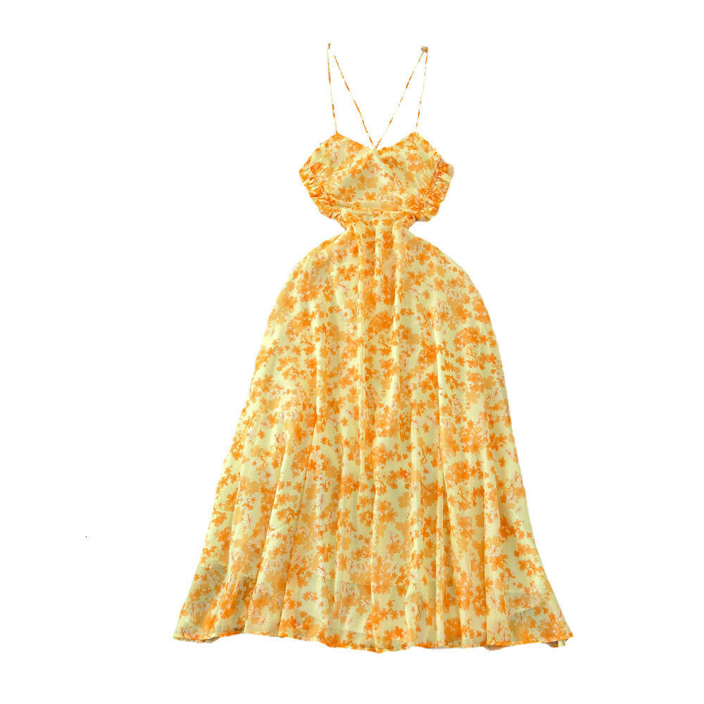 Beach resort style yellow floral dress summer fashion waist tightening slimming effect A-line backless strapless long dress