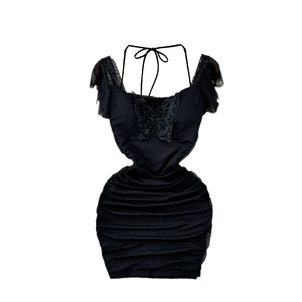 2023 Summer Fashion Pure Desire Sexy Bra Hanging Neck Bow Hollow Waist Slimming Mesh Wrap Hip Dress