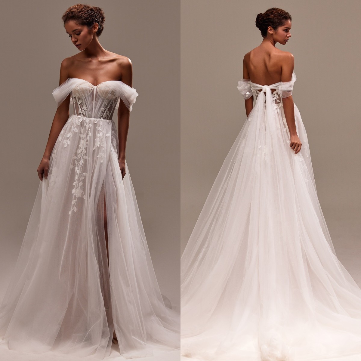 Milla Nova Tulle A Line Dress Off Shoulder Appliqued Country Wedding Dresses Backless Thigh Split Vestidos De Novia Sweep Train Designer Bridal Gowns 