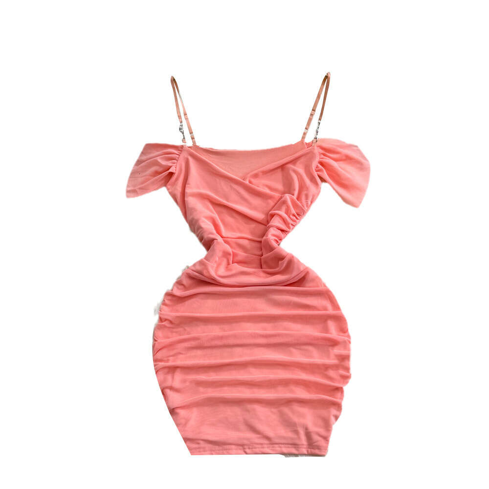 Fashionable Nightclub Sexy One Shoulder Off the Shoulder Bra Strap with Waist Closure for Slimming Wrinkle Short Wrapped Hip Mesh Dress