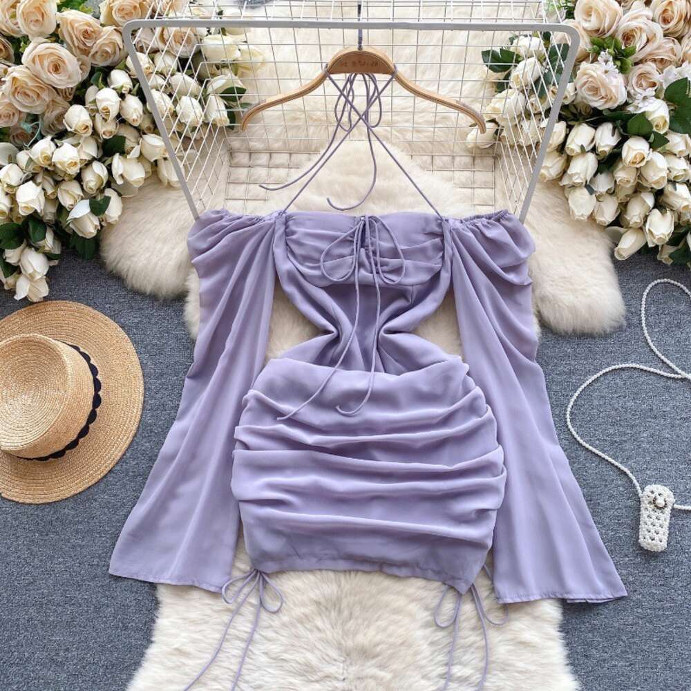 Pure desire spicy girl style hanging neck suspender dress womens straight shoulder pleated strap and mesh design light luxury wrapped hip skirt