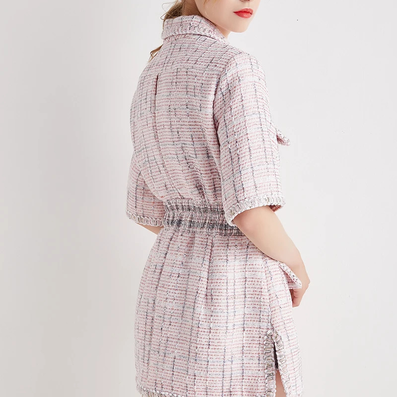 Autumn Women High Quality Tweed Short Dress Jacket Slim Waist Pocket Elegant Vintage Pink Single Breasted Dress Female S-L 240529