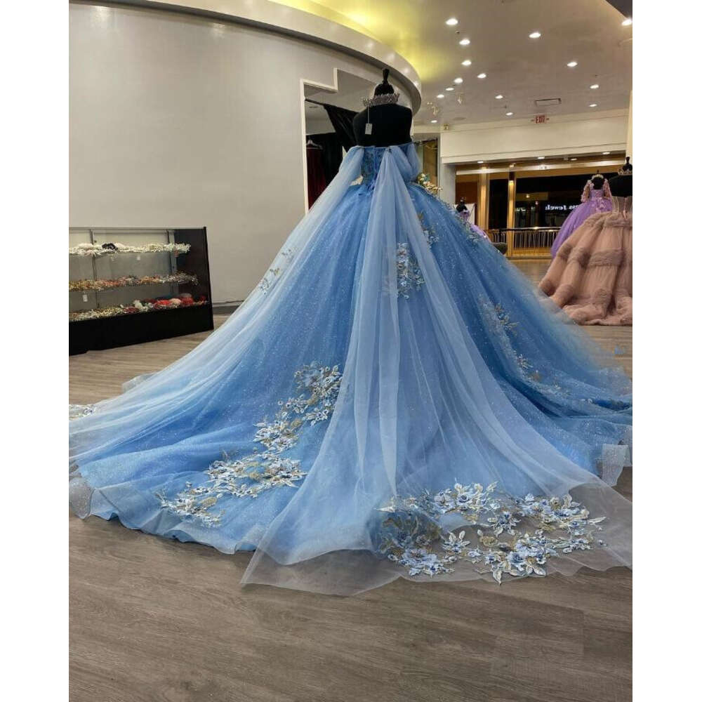 Blue Off Sky Shoulder Quinceanera Dresses Princess 3D Ral Applique Corset Vestidos De 15 Anos Con Mangas Sweet 16 0603