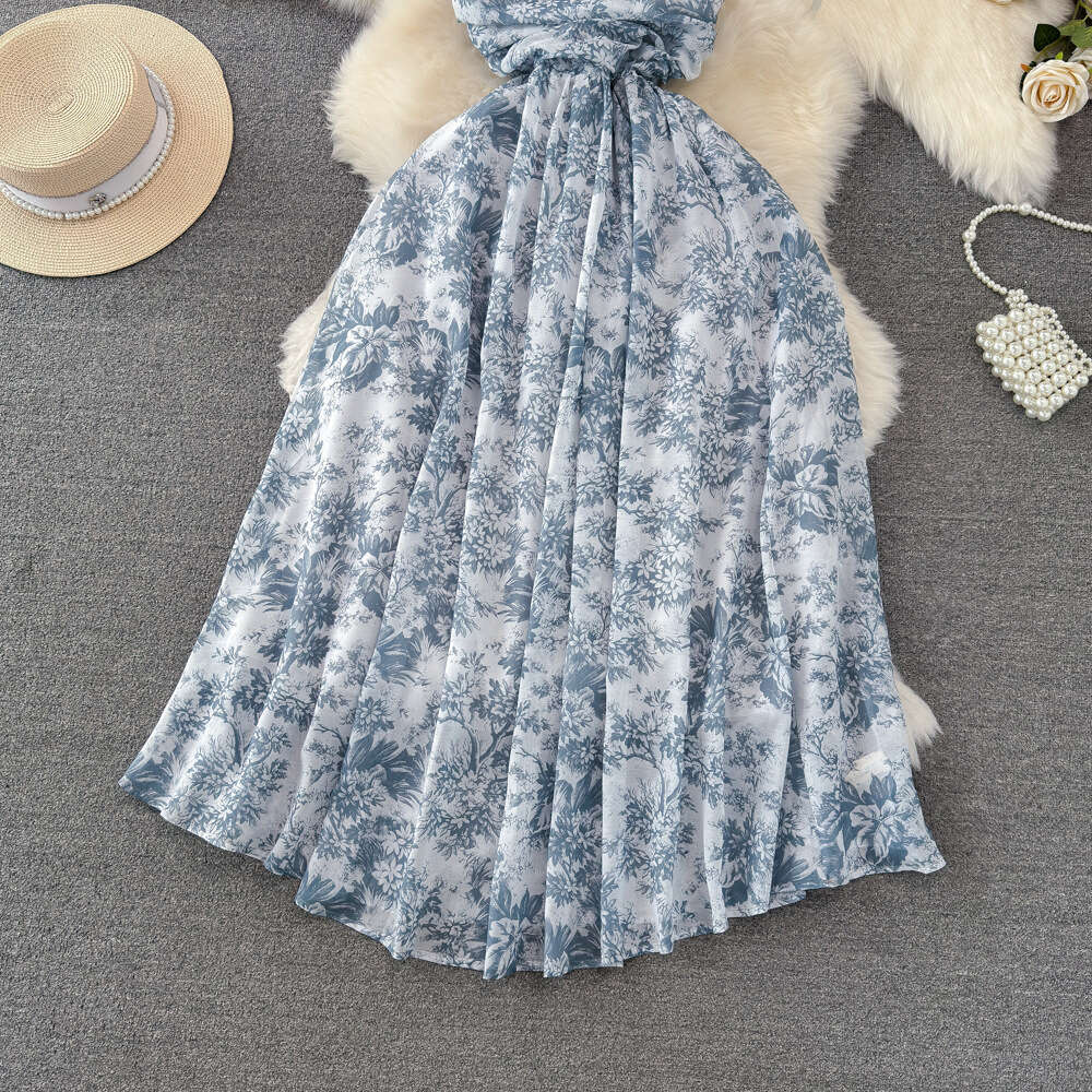 New Chinese ink painting bra waist cinching slimming backless A-line suspender dress seaside vacation long dress