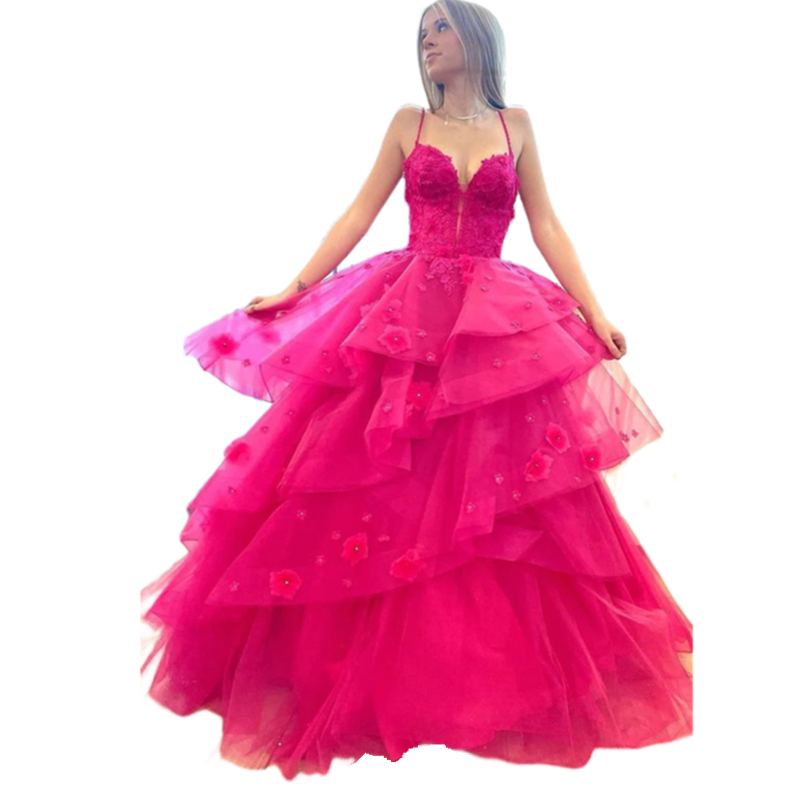 Spaghetti Fuchsia Prom Dresses Ruffle Tiered 3D Floral Appliques Long Tulle Evening Gowns Court Train Open Back Lace-up Sexy Birthday Party Special Oc
