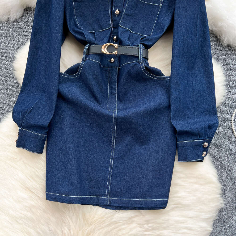 Korean version of womens dark blue denim dress with contrasting color collar slim fit short buttocks wrapped skirt