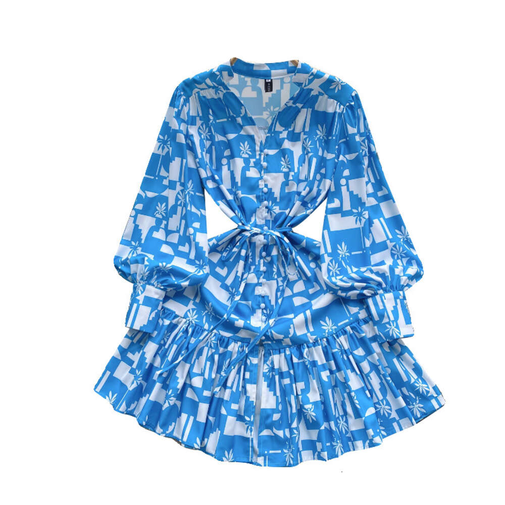 French Bubble Sleeve Dress for Women 2024 New Wearing Design Sense Printed Slim Fit Short Ruffle Edge Skirt
