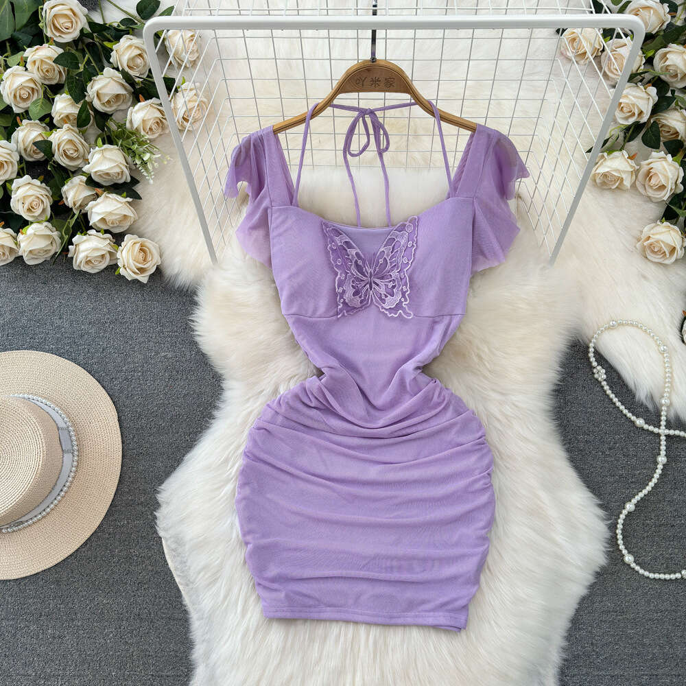2023 Summer Fashion Pure Desire Sexy Bra Hanging Neck Bow Hollow Waist Slimming Mesh Wrap Hip Dress