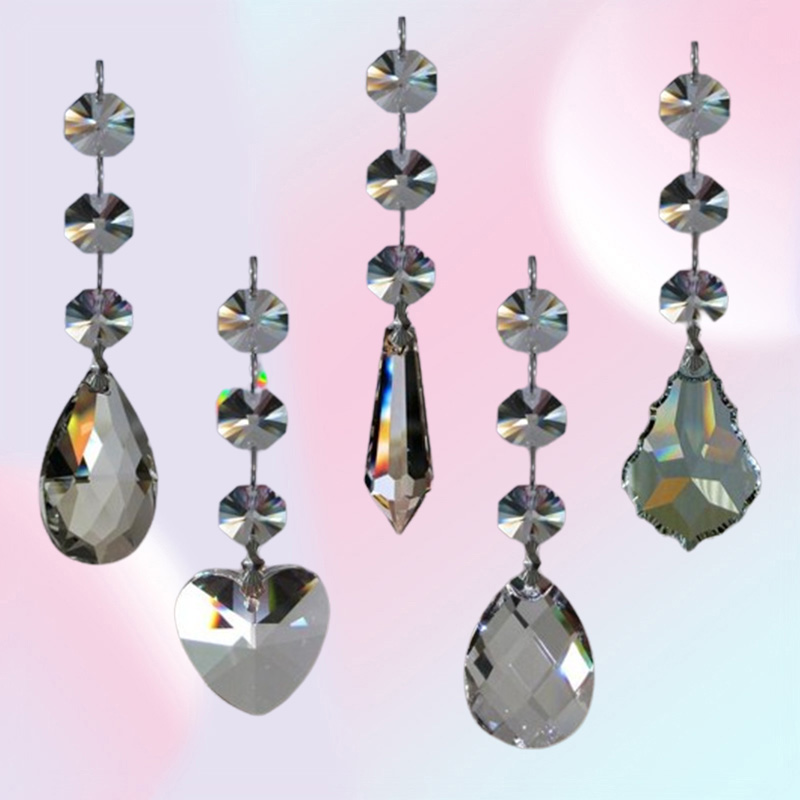 5pcs Crystal Chandelier Lamp Prisms Part Hanging Glass Teardrop Pendants with Octagon Beads Silver Jump Rings Connector
