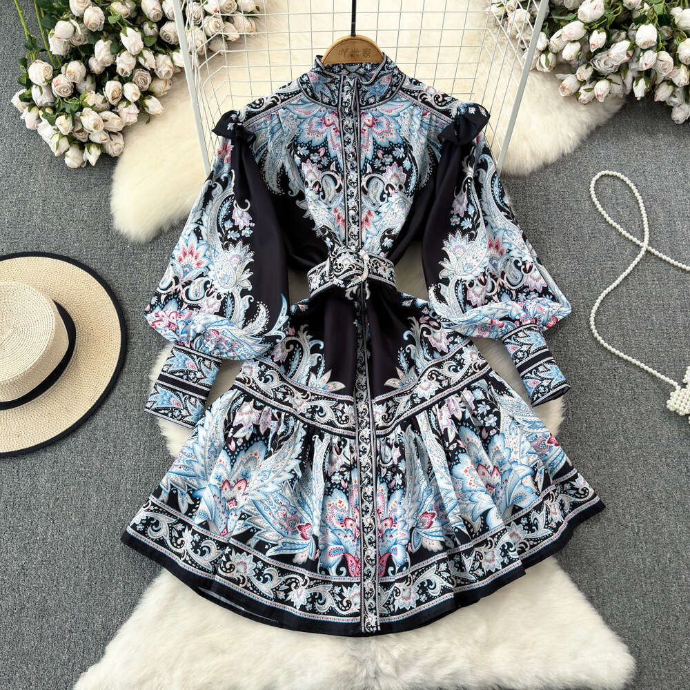 Spring and Autumn Elegant Lantern Long sleeved Standing Neck with Waist and Slim Appearance Single breasted A-line Positioning Printed Dress