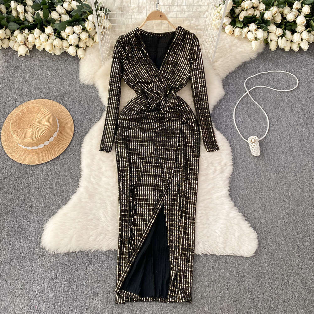 French Light Luxury Celebrity Style Luxury Dress Womens Autumn and Winter V-neck Split Design Small and Super Fairy Long Dress