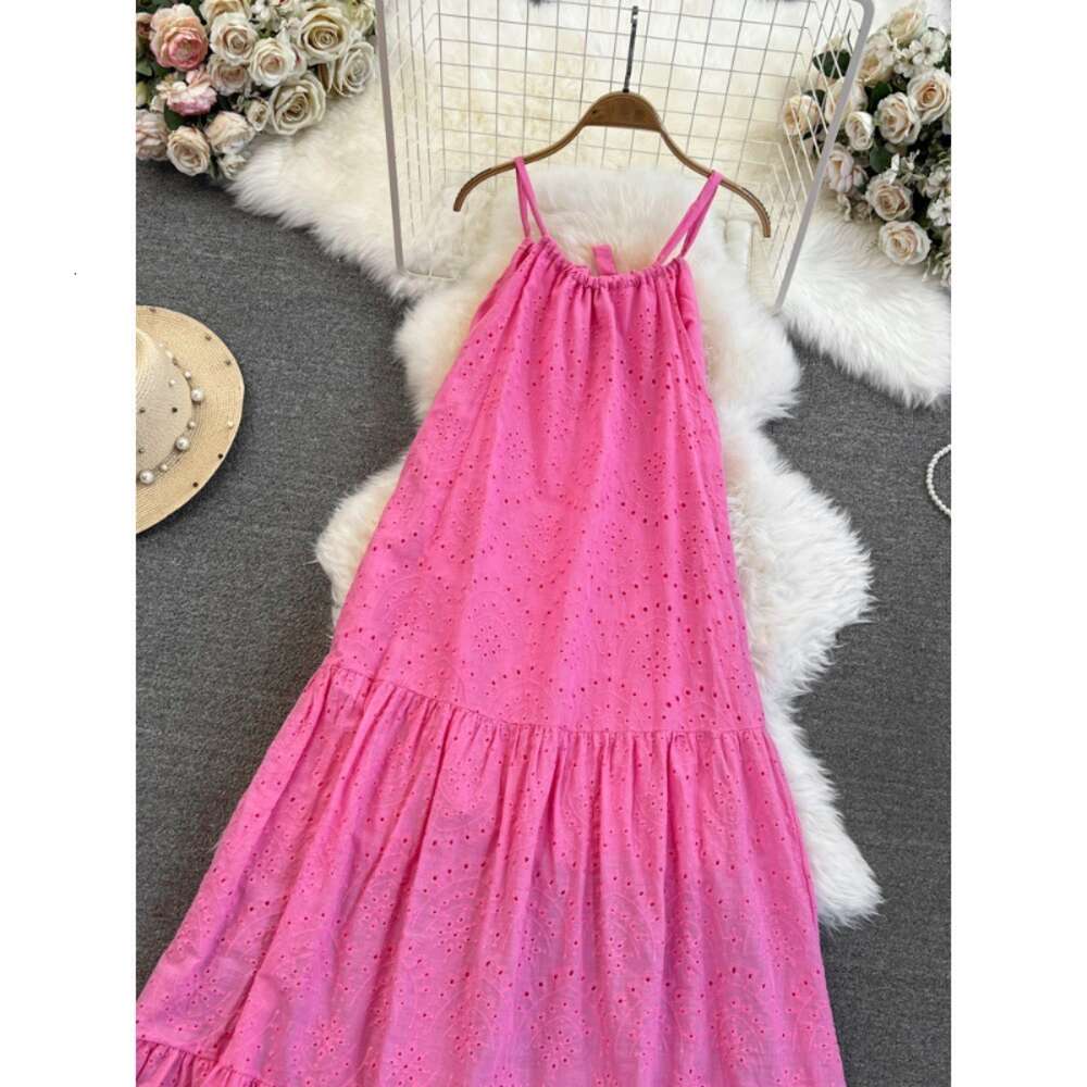 Summer Fashion Celebrity Style Hanging Neck Open Back Loose A-line Hollow Dress Beach Vacation Big Swing Long Skirt