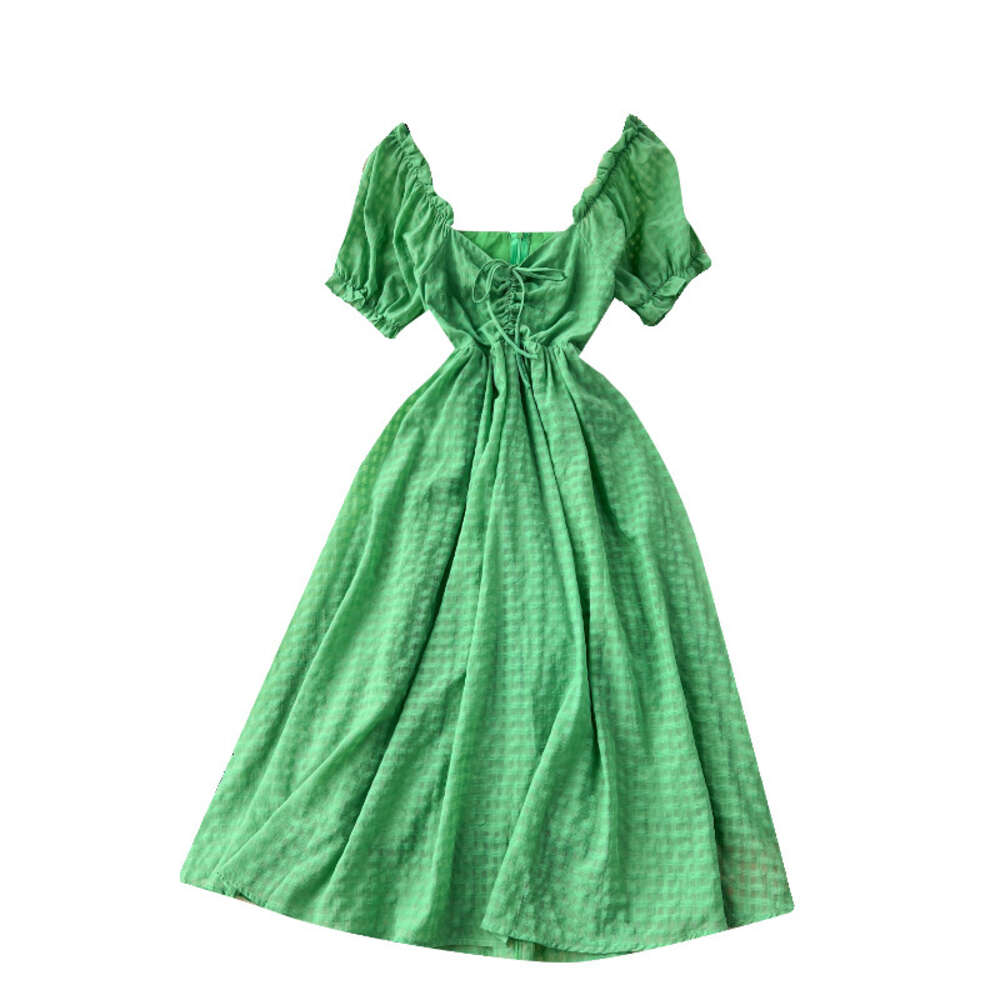 Green dress womens sweet wooden ear edge bubble sleeves one line collar off the shoulder two piece French high-end holiday dress