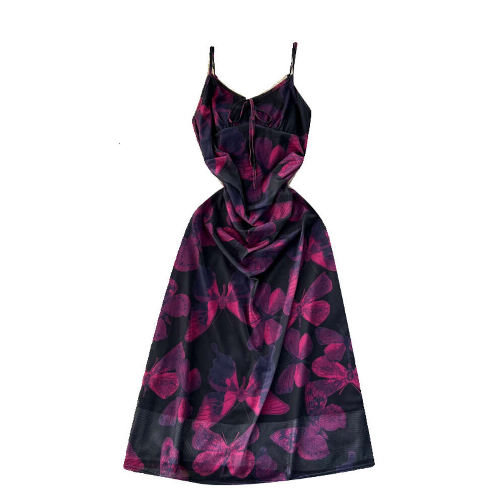 Tea break French style dress for women with butterfly print pleated waist slimming effect high-end sense suspender dress